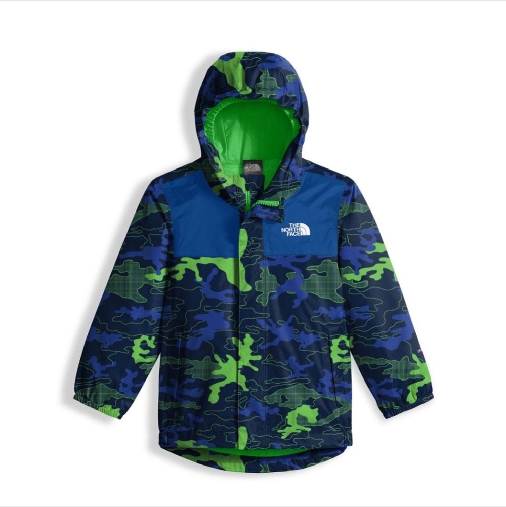 The North Face Tailout Rain Jacket Blue & Green Camo Hooded Kids 3T EUC